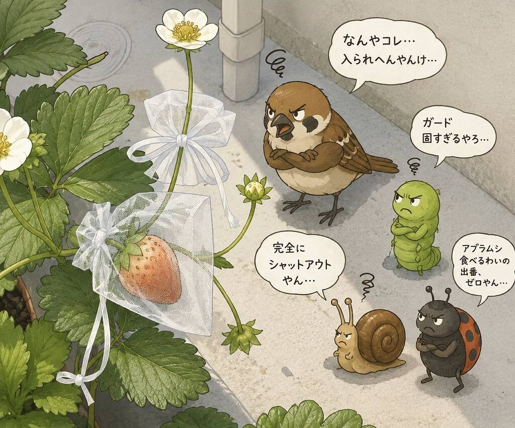 害虫・鳥対策!妻の天才的アイディアでいちごの実を守ってみた